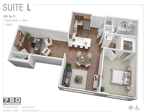 Floor plan for 1 bed, 1 bath, 998 sqft